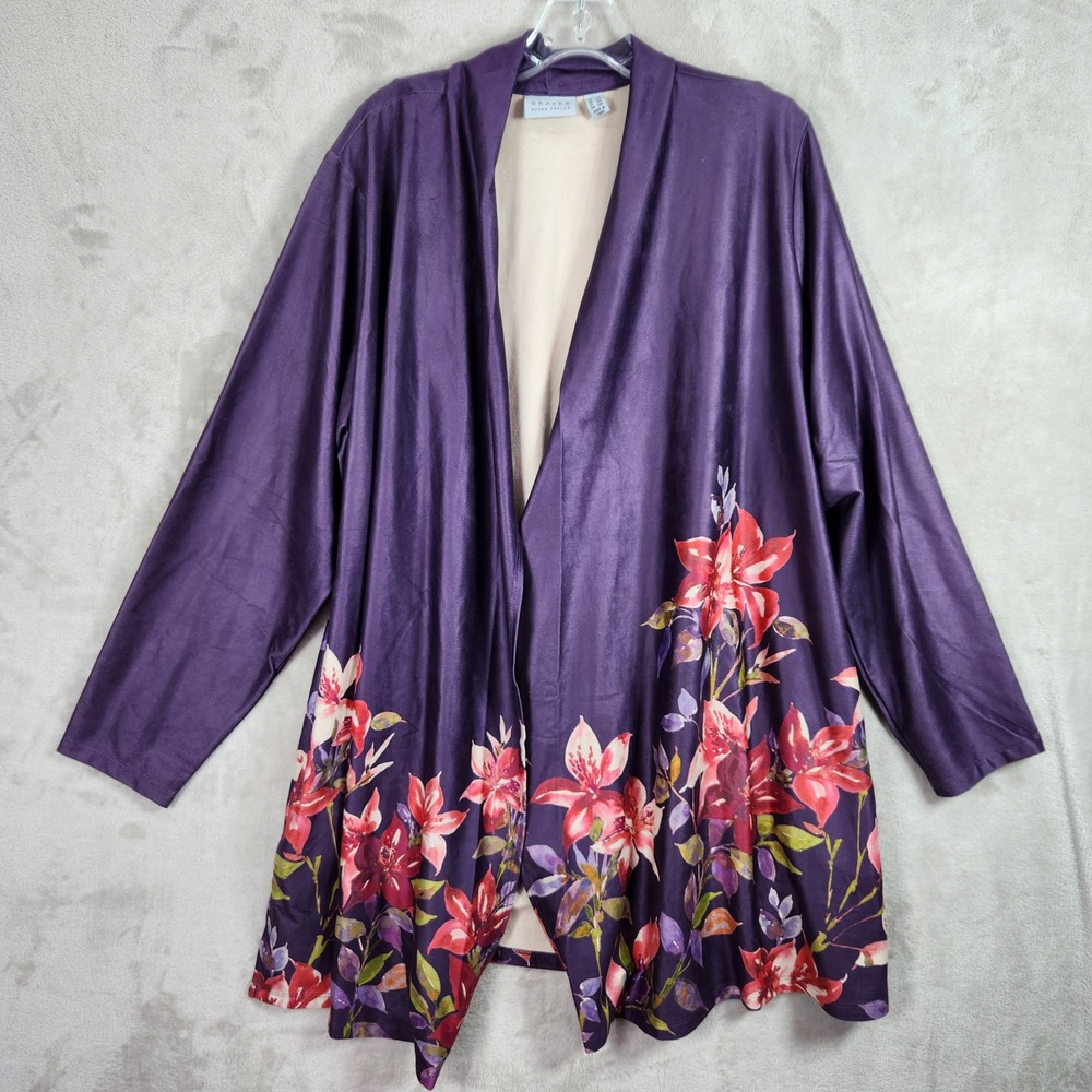 Susan Graver Womens 2X Plum Rose Printed Faux Suede Open Front Duster A662836